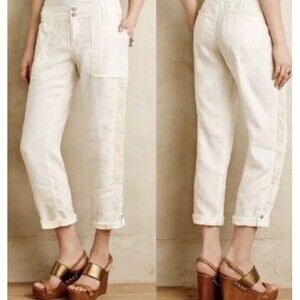 Anthropologie Hei Hei Pants Womens 25 Ivory Linen Cropped Marlena Crochet Boho